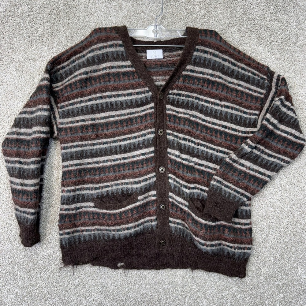 Tumi Cardigan Mens XL Alpaca Geometric Striped Brown V-Neck Button Front Peru